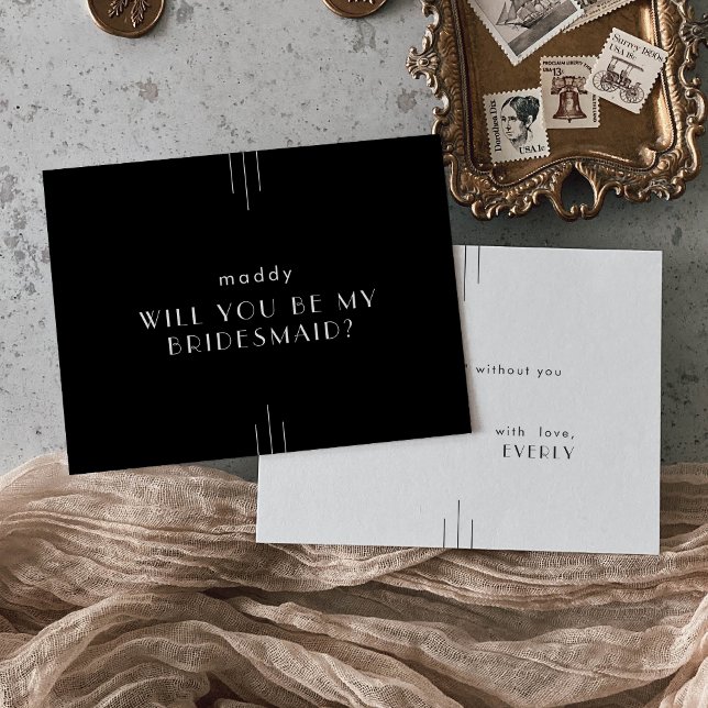 Cartes de proposition de femme de chambre noire TO (EVERLY Art Deco Black Bridesmaid Proposal Cards)