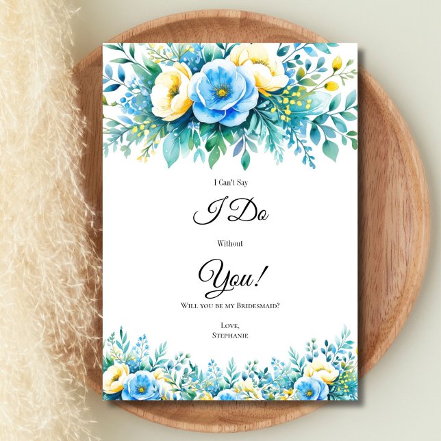 Cartes de Proposition de Mariage Fleuries Bleu Jau (Blue yellow watercolor floral bridesmaid maid of honor Bridal Party proposal card, Printed or digita)