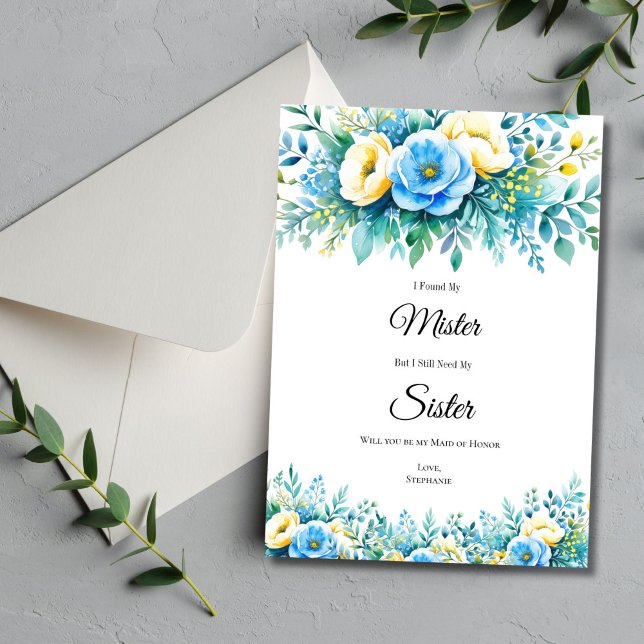 Cartes de Proposition de Mariage Fleuries Bleu Jau (Blue yellow watercolor floral Bridesmaid Maid of Honor Proposal card. Printed or Digital download)