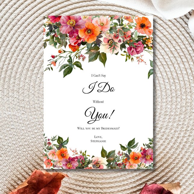 Cartes de Proposition Demoiselles d'Honneur Fleuri (Pink Red Orange Watercolor Florals Bridesmaid Proposal Card. Digital or Printed)