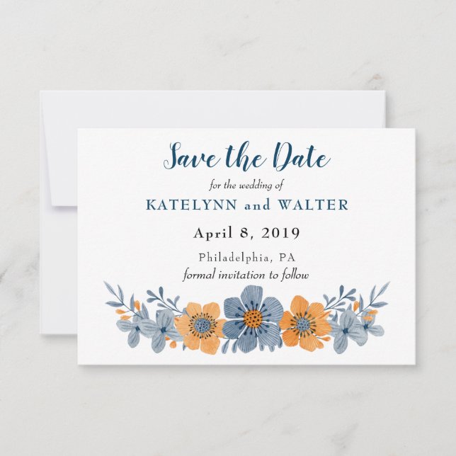 Cartes de rappel de date de mariage avec fleurs bl (Devant)