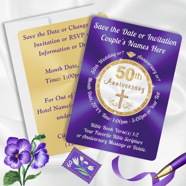 Cartes de rappel pour le 50e anniversaire de CHRIS (Gorgeous Purple and Gold CHRISTIAN, 50th Save the Date Cards. 50th Anniversary Save the Date Cards.)