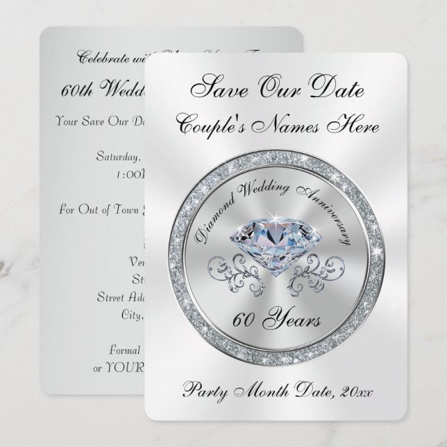 Cartes de rappel pour les 60 ans de mariage (Devant / Derrière)