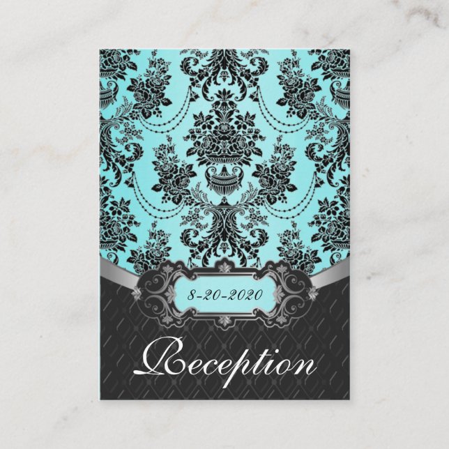 Cartes de réception Blue Black Mariage damassé (Devant)