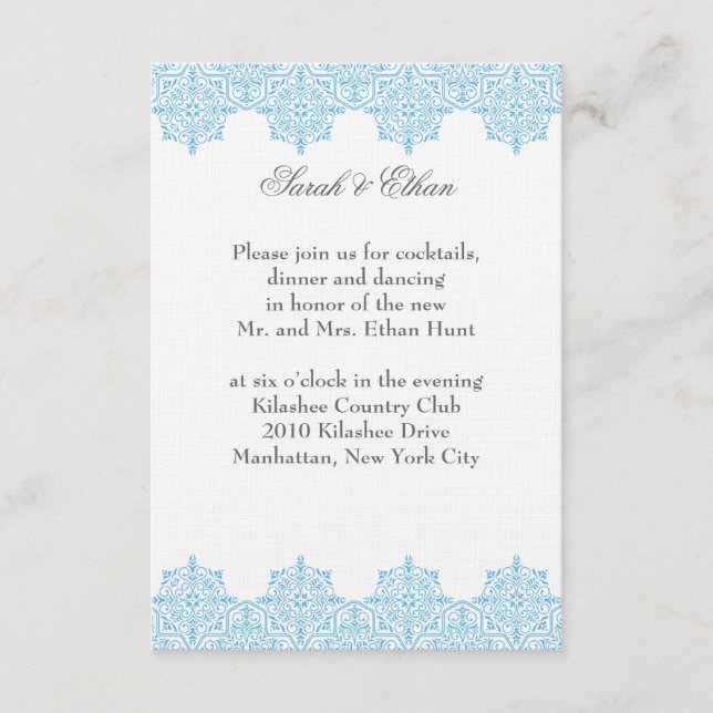 Cartes de réception de mariage bleu clair Damask (Devant)