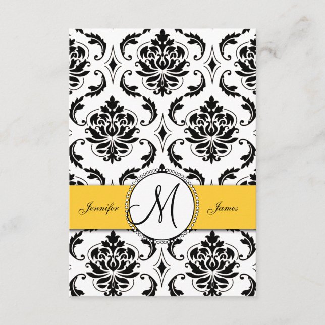 Cartes de réception de mariage noir blanc damassé  (Devant)