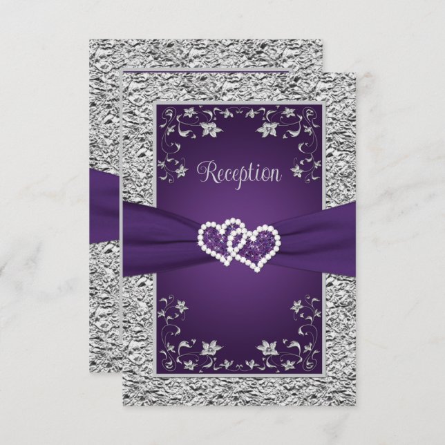 Cartes de réception de mariage violet, gris amour  (Devant / Derrière)
