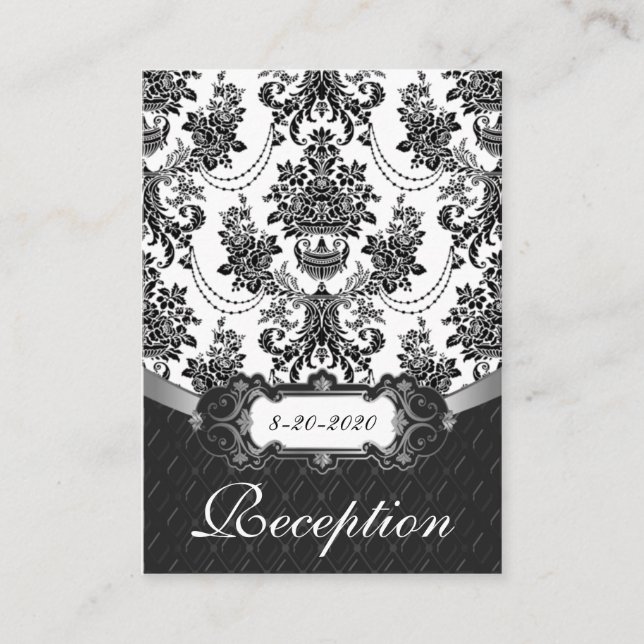 Cartes de réception Mariage damassé en noir et bla (Devant)
