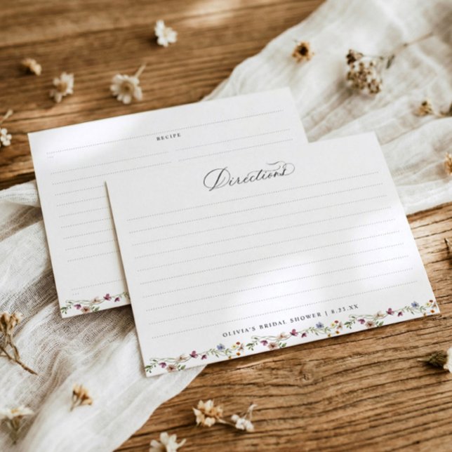 Cartes de Recette de Mariage Botanique Fleurs Sauv (Bridal shower recipe cards with watercolor wildflowers and elegant French botanical floral design)