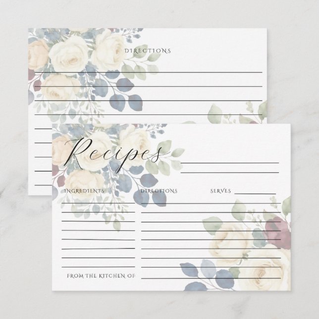 Cartes de recette élégantes aux pivoines blanches (Devant / Derrière)