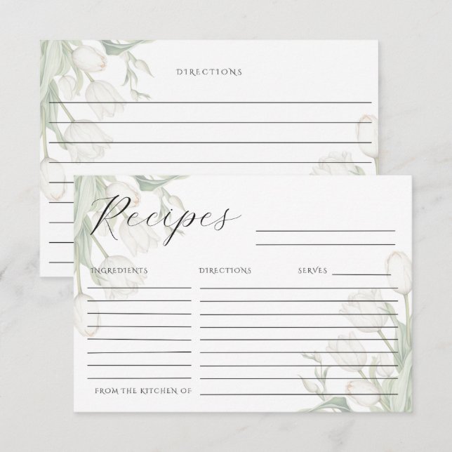 Cartes de recette élégantes aux tulipes blanches (Devant / Derrière)