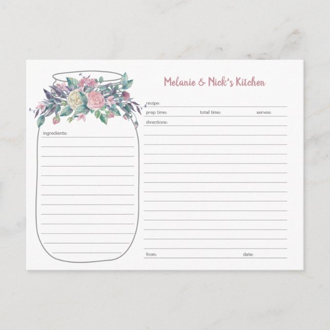 Cartes de recette en pot Mason floral rose poussié (Devant)