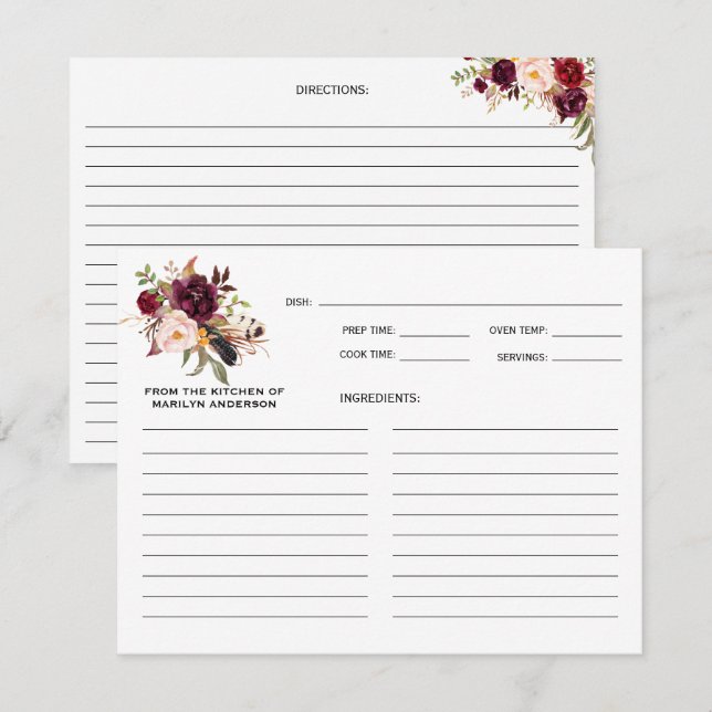 Cartes de recette florales bordeaux Marsala Boho r (Devant / Derrière)