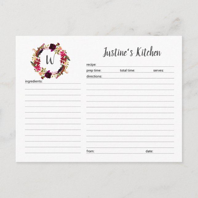 Cartes de recette Monogram Burgundy Floral Wreath (Devant)