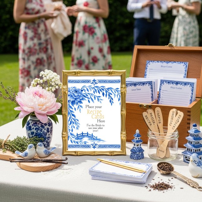 Cartes de recettes de chinoiserie bleue ici (Blue Chinoiserie Recipe Cards Here Sign)