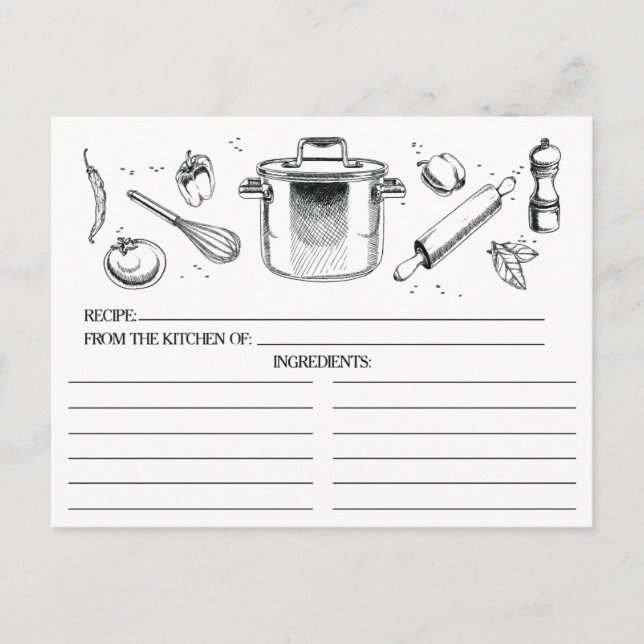 Cartes de recettes de cuisine noir blanc croqué (Devant)
