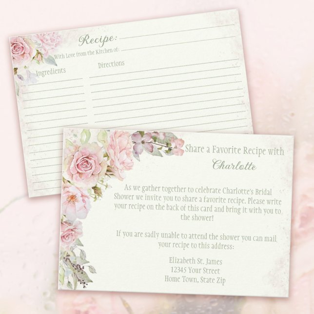 Cartes de recettes de douche de mariée aux roses r (Pink Roses Bridal Shower Recipe Cards Jade Green. 
Invite the Guests to share a favorite recipe.)