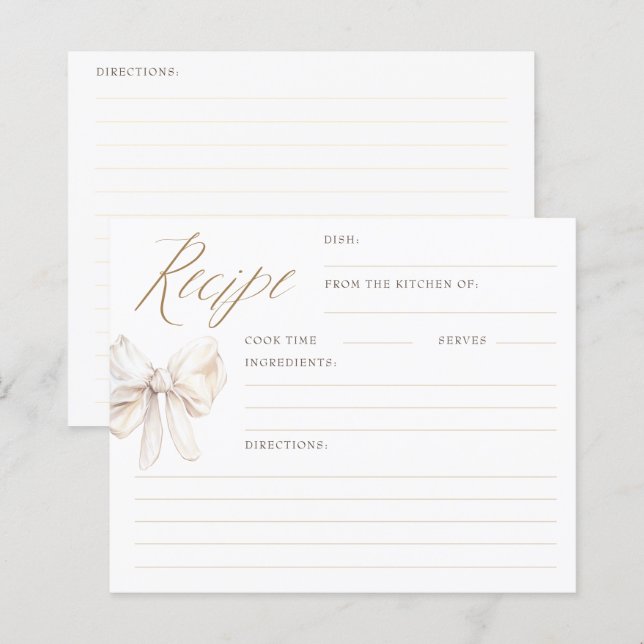 Cartes de recettes de mariage élégantes Cream Bow (Devant / Derrière)