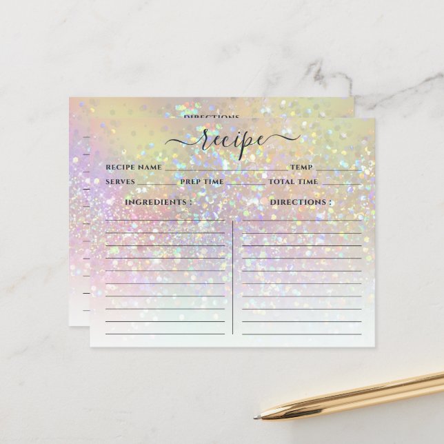 Cartes de recettes de paillettes pastel holographi (Devant/Arrière en situation)