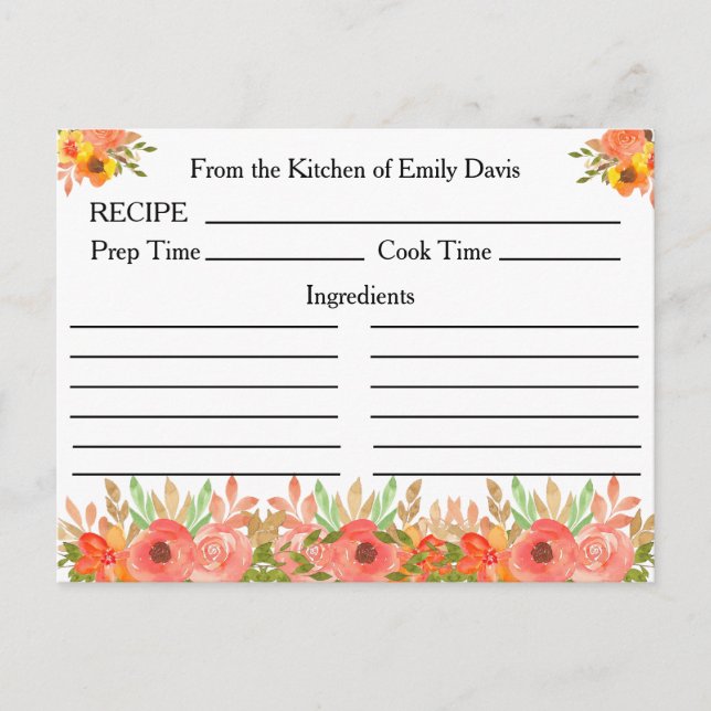 Cartes de recettes personnalisées avec fleurs et v (Devant)