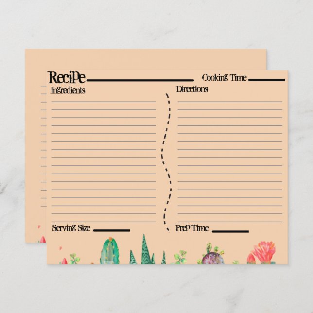 Cartes de recettes Rustique Boho Sud-Ouest Catcus (Devant / Derrière)