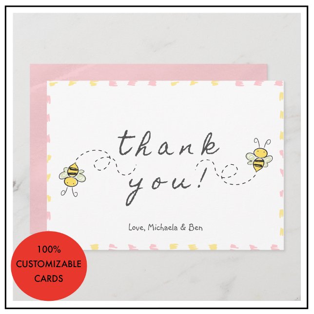 Cartes de remerciement abeille, Baby Shower Fille  (Bee thank you cards Baby Shower Cute)