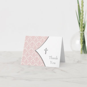 Cartes de remerciement Croix Damassé Rose