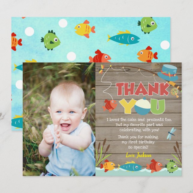 Cartes de remerciement d'anniversaire pour pêche (Devant / Derrière)