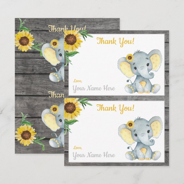 Cartes de remerciement de deux par page Éléphant F (Devant / Derrière)