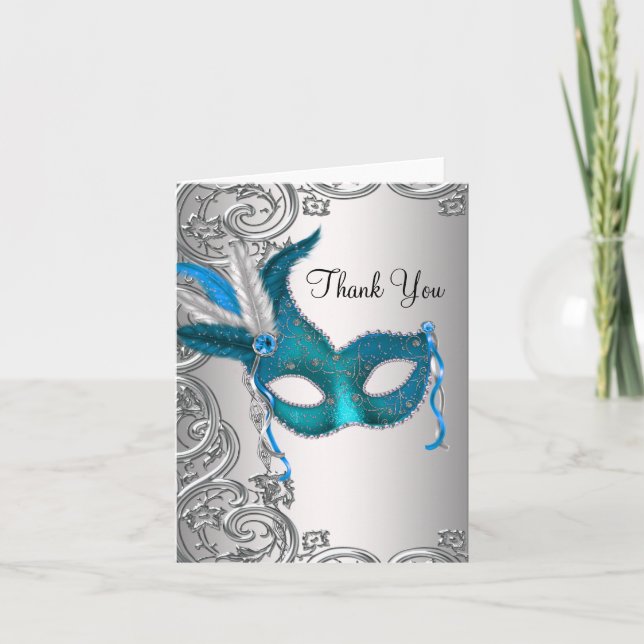 Cartes de remerciement de fête masquée bleu sarcel (Devant)