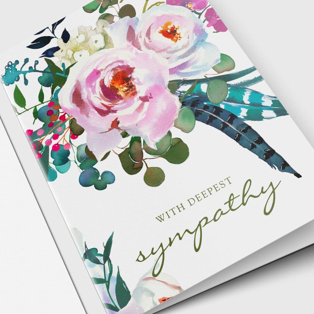 Cartes de remerciement de funérailles | Pivoine Bo (Pink Watercolor Peony with feathers and eucalyptus greenery funeral thank you card)