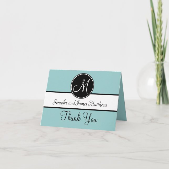 Cartes de remerciement de mariage à monogramme ble (Devant)