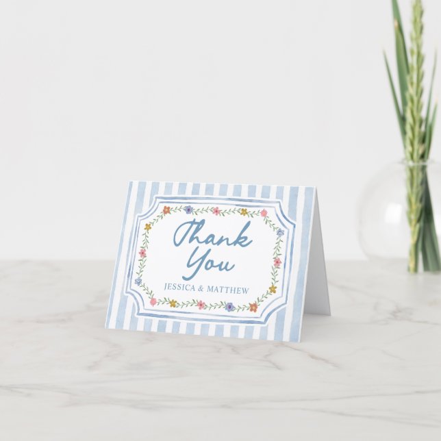 Cartes de remerciement de mariage à rayures bleues (Devant)