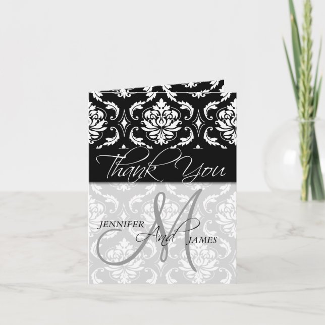 Cartes de remerciement de mariage Black Damask Mon (Devant)