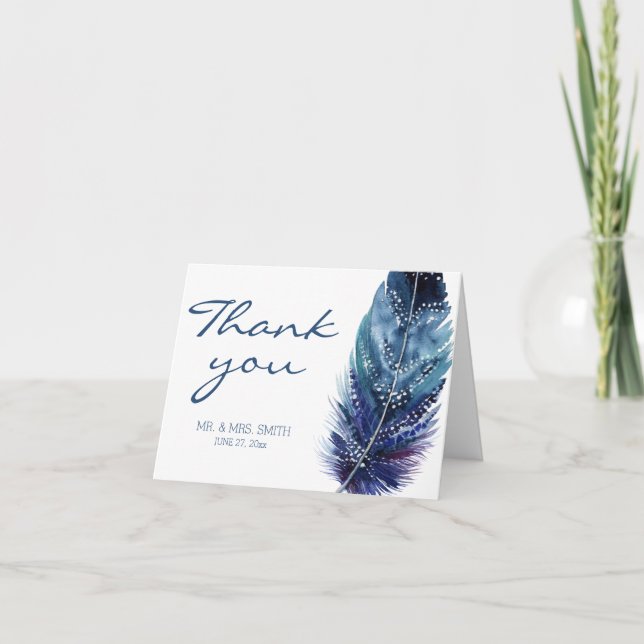 Cartes de remerciement de mariage Blue Feather (Devant)