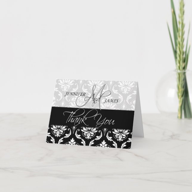 Cartes de remerciement de mariage Damassé Monogram (Devant)