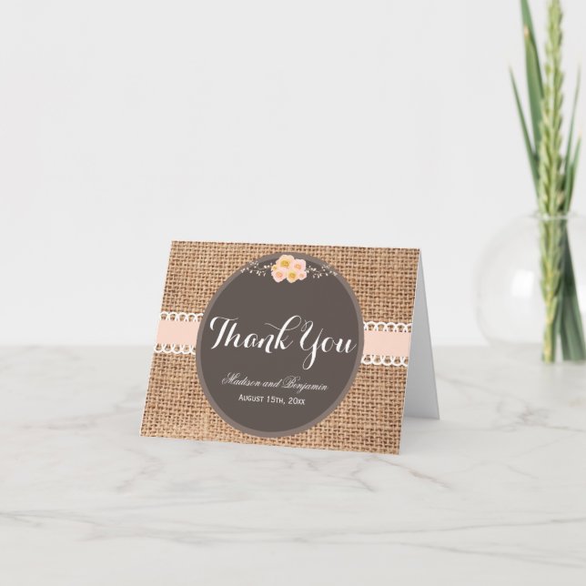 Cartes de remerciement de mariage en toile de jute (Devant)