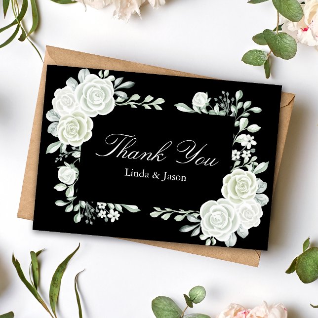 Cartes de remerciement de mariage Roses blanches g (Black gothic white roses thank you cards add dramatic elegance to heartfelt wedding thanks.)