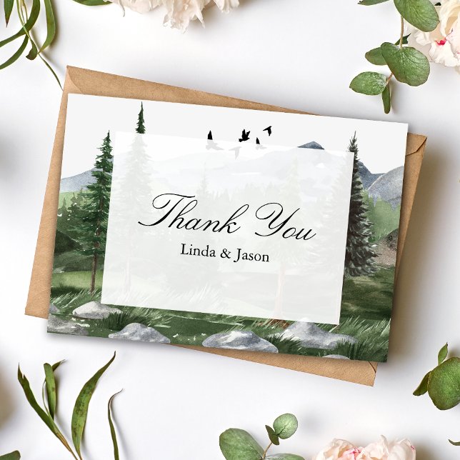 Cartes de remerciement de mariage sur le thème de  (Pine forest thank you cards share heartfelt gratitude with a calm, nature inspired feel.)