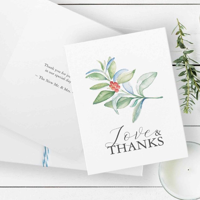 Cartes de remerciement de mariage thème de Noël (Wedding thank you cards with a Christmas theme designed with watercolor botanical art)