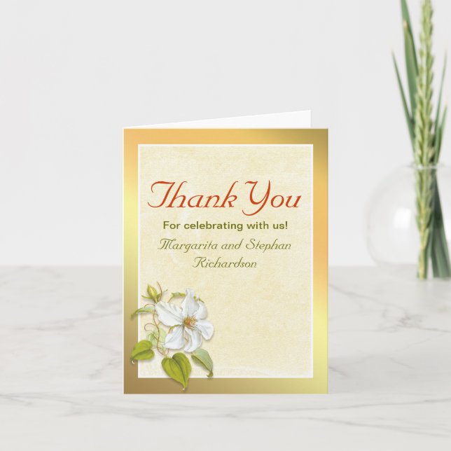 cartes de remerciement design doré et fleurs blanc (Devant)