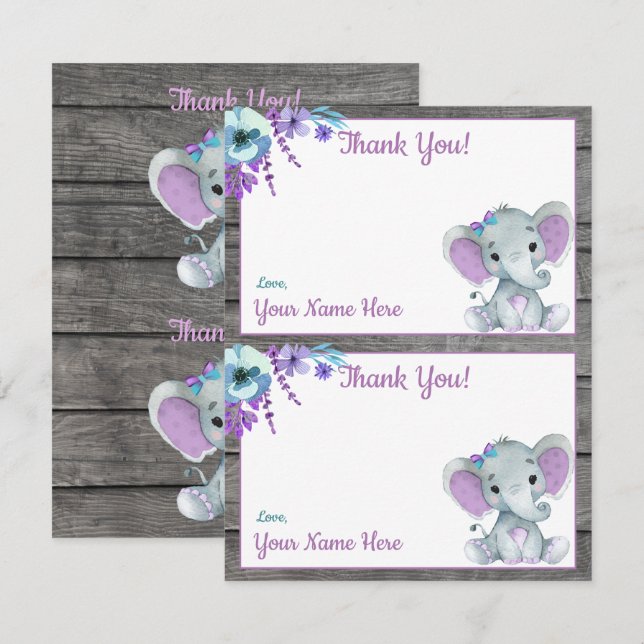 Cartes de remerciement éléphant fille de douche De (Devant / Derrière)