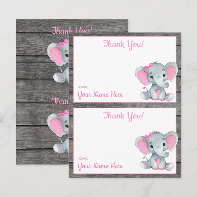 Cartes de remerciement éléphant fille douche deux  (Devant / Derrière)