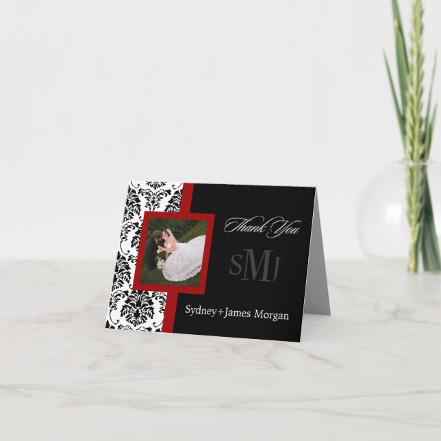 Cartes de remerciement en damas, photos de mariage (Devant)