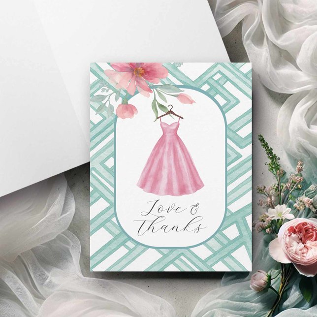 Cartes de remerciement florales à l'aquarelle vier (Bridal shower card pink floral dress watercolor by Victoria Grigaliunas of Do Tell A Belle)