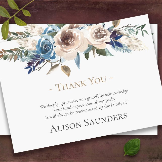 Cartes de remerciement funéraire | Botanique Beige (Beige and blue florals sympathy bereavement celebration of life funeral thank you cards)