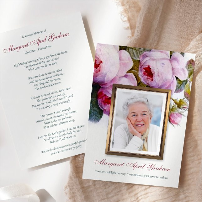 Cartes de remerciement funéraire | Florales botani (Bereavement Sympathy Botanical Florals in Pink Memorial Funeral Thank You Card with Photo)