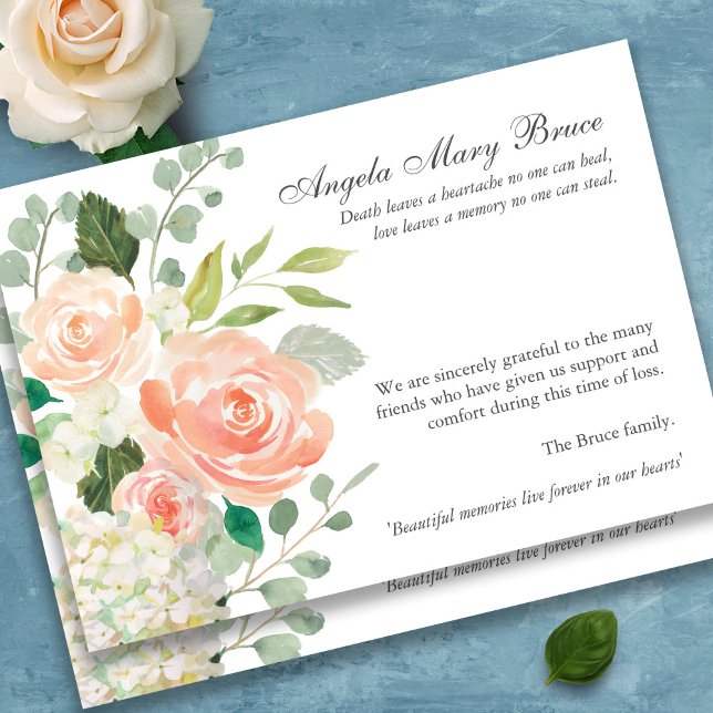 Cartes de remerciement funéraire | Pêcher les Rose (Peach Roses watercolor floral sympathy bereavement funeral thank you card)