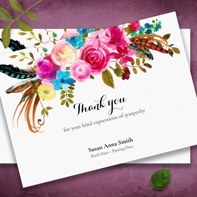 Cartes de remerciement funéraire | Plumes et fleur (Feather and florals bereavement memorial sympathy funeral thank you card)