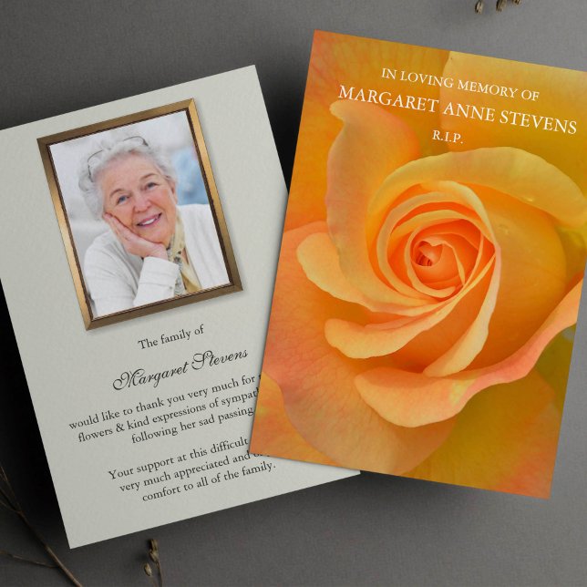 Cartes de remerciement funéraire | Rose orange (Orange Rose Memorial Bereavement Sympathy Funeral Thank You Card)